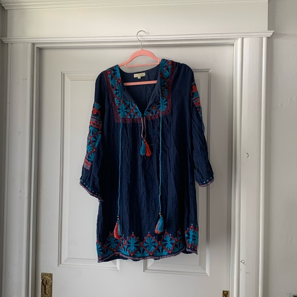 Rubyyaya boho blue dress with embroidery detail and tassels gently used